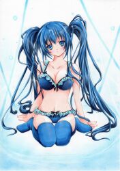  12koren12 bad_id bad_pixiv_id bikini blue_bikini blue_eyes blue_hair blue_thighhighs breasts cleavage collarbone female frilled_bikini frills highres imaichi_moenai_ko kobe_shinbun large_breasts long_hair marker_(medium) sitting solo swimsuit thighhighs traditional_media twintails wariza 