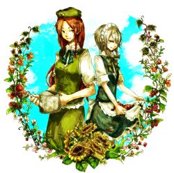  2girls apron bad_id bad_pixiv_id beret braid flower grey_hair hat highres hong_meiling izayoi_sakuya kurau_kii maid maid_headdress multiple_girls red_eyes red_hair star_(symbol) sunflower touhou twin_braids watering_can 