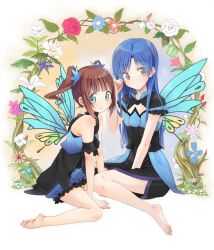  2girls adjusting_hair arm_support bad_id bad_pixiv_id bare_shoulders barefoot blue_eyes blue_hair blush brown_eyes brown_hair butterfly_wings chika_(orange_pop) dress feet flower idolmaster idolmaster_(classic) insect_wings kisaragi_chihaya long_hair looking_at_viewer multiple_girls open_mouth short_hair sitting takatsuki_yayoi twintails wariza wings 