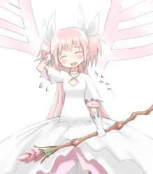  blush bow bow_(weapon) bud closed_eyes commentary_request dress female flower gloves hand_on_own_head kaname_madoka long_hair mahou_shoujo_madoka_magica mahou_shoujo_madoka_magica_(anime) neri_gozu pink_hair ribbon solo translated two_side_up ultimate_madoka weapon white_gloves wings 