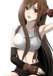  adjusting_hair armpits blush brown_hair elbow_gloves erect_nipples female final_fantasy final_fantasy_vii fingerless_gloves gloves long_hair madopen midriff miniskirt no_bra red_eyes sitting skirt solo suspenders tifa_lockhart 