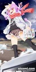  :d animal_ears black_thighhighs cat_ears cat_tail female jacket nicomi.com night night_sky noto_(soranoto) open_mouth original paw_print plaid plaid_skirt print_scarf purple_hair red_scarf scarf skirt sky smile solo star_(sky) starry_sky tail thighhighs 