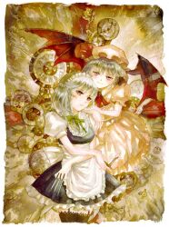  2girls bat_wings black_thighhighs blue_hair blush braid clock commentary_request dress grey_hair hat izayoi_sakuya keiko_(mitakarawa) knife maid maid_headdress multiple_girls painting_(medium) red_eyes remilia_scarlet short_hair thighhighs touhou traditional_media twin_braids watercolor_(medium) wings 