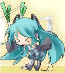  &gt;_&lt; cats chibi closed_eyes excited feline green_hair hatsune_miku headphones jpeg_artifacts longcat lowres microphone necktie negi solo spring_onion twintails vocaloid 