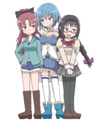  3girls akemi_homura black_hair blue_eyes blue_hair blush boots bow braid cape casual commentary_request hairbow hand_on_another&#039;s_shoulder long_hair magical_girl mahou_shoujo_madoka_magica mahou_shoujo_madoka_magica_(anime) miki_sayaka miki_sayaka_(magical_girl) mitakihara_school_uniform multiple_girls navel neri_gozu pantyhose ponytail red_eyes sakura_kyoko school_uniform shorts smile soul_gem thighhighs twin_braids zettai_ryouiki 