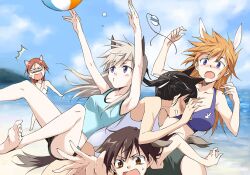  5girls :3 ^^^ agahari animal_ears armpits arms_up ball barefoot beach bikini black_hair blue_eyes blush breasts brown_eyes brown_hair charlotte_e._yeager chibi cloud commentary_request day dog_ears dog_girl dog_tail eila_ilmatar_juutilainen eyepatch falling feet fox_ears fox_girl fox_tail gertrud_barkhorn grabbing grabbing_another&#039;s_breast long_hair medium_breasts minna-dietlinde_wilcke multiple_girls ocean one-piece_swimsuit open_mouth outdoors purple_eyes rabbit_ears rabbit_girl sakamoto_mio sky soles strike_witches sweatdrop swimsuit tail unworn_eyepatch volleyball volleyball_(object) wolf_ears wolf_girl world_witches_series 