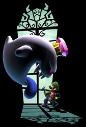  3d facial_hair ghost gloves hat king_boo lowres luigi luigi&#039;s_mansion luigi&#039;s_mansion_dark_moon mario_(series) moustache nintendo official_art overalls scared shadow super_mario_bros. teeth tongue window 