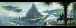  1boy alfador bird chrono_trigger cloud commentary_request feline floating_island highres janus_zeal kaiko_(gami770) letterboxed male_focus mountain outdoors photoshop_(medium) scenery sitting sky solo water waterfall 