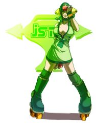  breasts cleavage dress falcoon female green_theme gum_(jsr) inline_skates jet_set_radio jet_set_radio_future knee_pads large_breasts paint_can photoshop_(medium) roller_skates short_dress skates solo 