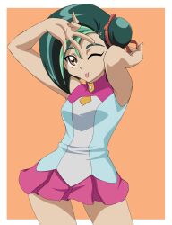  :p armpits arms_up artist_request female female fingernails green_hair hair_bun highres looking_at_viewer makino_tomoyasu mizuki_kotori_(yugioh_zexal) mizuki_kotori_(yuu-gi-ou_zexal) orange_background orange_eyes pose school_uniform short_hair simple_background skirt sleeveless smile solo standing thigh_gap tongue tongue_out turtleneck uniform v wink yu-gi-oh! yugioh_zexal yuu-gi-ou_zexal 