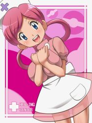  awa blue_eyes blush breasts female huge_breasts joy_(pokemon) nurse nurse_joy pink_hair pokemon pokemon_(game) pokemon_black_and_white pokemon_bw see-through smile 