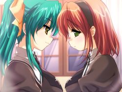  2girls aqua_hair blush emily emily_(artist) emily_(pure_dream) escalation_~kuruai_no_fugue~ green_eyes green_hair komatsuzaki_rie multiple_girls oomori_midori ponytail red_hair ribbon rolling_star school_uniform seifuku short_hair smile yellow_eyes yukkuri-panic-escalation yuri 