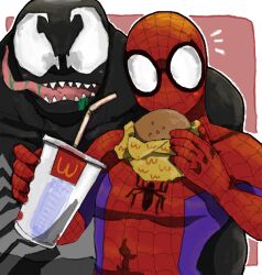  2boys bodysuit cup eating food hamburger long_tongue male male_focus marvel mask mcdonald&#039;s mcdonalds monster_boy multiple_boys peter_parker pixiv_manga_sample saliva sharp_teeth spider-man spider-man_(series) straw tongue venom venom_(marvel) 