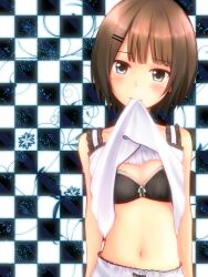  96tuki bad_id bad_pixiv_id blue_eyes blunt_bangs blush bob_cut bra brown_hair camisole checkered_background female hair_ornament hairclip lingerie mouth_hold navel original short_hair solo underwear 