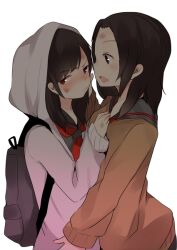  2girls akb48 black_hair center_(majisuka_gakuen) hood hoodie majisuka_gakuen matsui_jurina multiple_girls nezumi_(majisuka_gakuen) pun2 school_uniform serafuku sweater watanabe_mayu yuri 