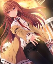  bad_id bad_pixiv_id black_pantyhose black_shorts blush brown_hair female hands jacket long_hair makise_kurisu miya_(tsumazukanai) necktie pantyhose pantyhose_under_shorts purple_eyes red_necktie shorts solo steins;gate 