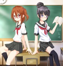  2girls black_hair black_legwear blue_eyes blush book brown_hair chalkboard clock collaboration collarbone commentary_request glasses hair_bun hair_ornament hairclip highres morinaga_koeda multiple_girls ok-ray original photoshop_(medium) pleated_skirt red_eyes school_uniform serafuku short_hair side_ponytail single_hair_bun sitting skirt socks takanashi_sora_(soramyon) tamari_(ok-ray) thighhighs zettai_ryouiki 