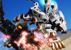  blue_sky claws commentary_request day glowing glowing_eyes gun_sniper liger_zero mecha no_humans non-humanoid_robot photoshop_(medium) robographer robot robot_animal sharp_teeth sky sparks teeth zoids zoids_shinseiki/zero 