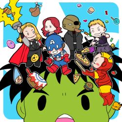  5boys ahiru_(fish-arrow) armor arrow bald bird black_hair black_widow blonde_hair bow_(weapon) bruce_banner cake candy captain_america chibi chicken clint_barton dark_skin doughnut eating eyepatch female food green_skin hammer hawkeye hawkeye_(marvel) hulk iron_man lollipop marvel mcu multiple_boys natasha_romanoff nick_fury pixiv_thumbnail pizza red_hair resized size_difference steve_rogers the_avengers thor thor_(marvel) tony_stark weapon 