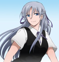  bad_id bad_pixiv_id blue_eyes diamond_cut_diamond female half_updo long_hair mole official_art ribbon school_uniform silver_hair simple_background smile solo taguchi_kenji_(omaep) upper_body vest yodogimi_rinko 