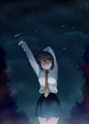  akeno_mihoshi arm_up blush closed_eyes commentary_request cowboy_shot female necktie night night_sky outdoors sakayama_shinta school_uniform short_hair skirt sky smile solo sora_no_manimani standing star_(symbol) stretching 