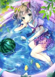  :p bad_id bad_pixiv_id barefoot bow brown_eyes brown_hair checkered_clothes checkered_skirt female food fruit hairbow highres himekaidou_hatate hose kedama_milk lying photoshop_(medium) skirt solo spoon tongue tongue_out touhou twintails wading_pool water watermelon 