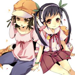  2girls backpack bag bakemonogatari bandaid bandaid_on_knee bandaid_on_leg black_hair cabbie_hat commentary_request green_ribbons hachikuji_mayoi hair_ribbon hairband hat long_hair mata monogatari_(series) multiple_girls red_eyes ribbon school_uniform sengoku_nadeko twintails 