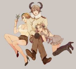  1boy 2girls animal_ears anklet axis_powers_hetalia back backless_dress backless_outfit belarus_(hetalia) blonde_hair blouse blue_eyes boots bow bracelet branch breasts brother_and_sister cleavage coat commentary_request crossed_legs dress gloves green_eyes hairband hairbow hands_on_own_knee high_heels horns ishizaki_miwako jewelry large_breasts legs lips long_hair multiple_girls necklace purple_eyes russia_(hetalia) shirt shoes short_dress short_hair short_shorts shorts siblings simple_background sitting smile ukraine_(hetalia) 