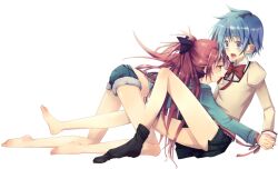  2girls barefoot blue_eyes blue_hair blush bow commentary_request feet full_body hair_ornament hairbow long_hair mahou_shoujo_madoka_magica mahou_shoujo_madoka_magica_(anime) miki_sayaka mitakihara_school_uniform multiple_girls photoshop_(medium) pink_hair ponytail red_eyes red_hair sakura_kyoko school_uniform short_hair single_barefoot single_sock sock_dangle sock_pull socks toes uta-i 