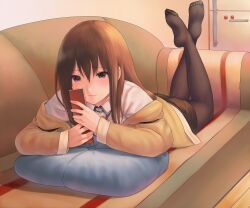  bad_id bad_pixiv_id black_pantyhose brown_hair cellphone couch crossed_legs feet female inuzuka_bouru lips long_hair lying makise_kurisu no_shoes on_stomach pantyhose phone purple_eyes smile solo steins;gate 