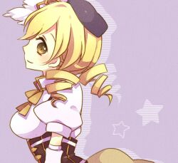  beret blonde_hair breasts commentary_request drill_hair female hat magical_girl mahou_shoujo_madoka_magica mahou_shoujo_madoka_magica_(anime) mata medium_breasts solo tomoe_mami tomoe_mami_(magical_girl) twin_drills twintails yellow_eyes 