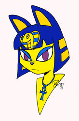  animal_crossing ankh ankh_necklace ankha_(animal_crossing) anthro avoid_posting blue_hair domestic_cat egyptian felid feline felis female hair headpiece hi_res mammal nintendo simple_background solo worldoffizz yellow_body 