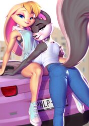  2021 activision anthro ass bianca_(spyro) black_nose blonde_hair blue_eyes bottomwear bra breasts buckteeth car clothed clothing crossover denim denim_bottomwear denim_clothing digital_media_(artwork) domestic_cat duo exposure_variation eyelashes fangs felid feline felis female footwear grey_eyes hair hi_res jeans lagomorph leporid long_ears looking_at_viewer looking_back looking_back_at_viewer looney_tunes mammal midriff open_mouth pakwan008 pants penelope_pussycat pink_nose pupils rabbit shirt shoes sitting slit_pupils small_butt sports_bra spyro_the_dragon teeth topwear underwear vehicle warner_brothers 