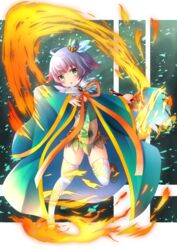  :o ahoge aisha_(sennen_sensou_aigis) bad_id bad_pixiv_id blush commentary_request dress female fire green_dress green_eyes green_footwear green_robe grey_hair head_tilt holding long_sleeves looking_at_viewer multicolored_hair neck_ribbon open_clothes open_robe orange_ribbon parted_lips red_hair reiji_0_g ribbon robe sennen_sensou_aigis shoes short_hair sleeves_past_wrists solo standing standing_on_one_leg streaked_hair thighhighs white_thighhighs wide_sleeves 