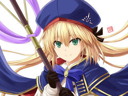  artoria_caster_(fate) artoria_caster_(second_ascension)_(fate) artoria_pendragon_(fate) blonde_hair commentary duplicate fate/grand_order fate_(series) female gloves green_eyes hair_between_eyes hat haura_akitoshi holding holding_staff long_hair long_sleeves looking_at_viewer pixel-perfect_duplicate simple_background smile solo staff upper_body white_background 