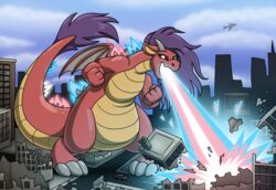  absurd_res anthro city cloud destruction dragon female hi_res lgbt_pride macro metallicumbrage mythological_creature mythological_scalie mythology pride_colors scalie sky solo tail transgender_pride_colors 