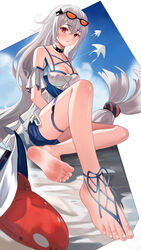  absurdres alternate_costume arknights bare_shoulders barefoot barefoot_sandals_(jewelry) blush breasts choker eyewear_on_head feet female grey_hair hair_between_eyes hair_ornament he_c92 highres inflatable_orca inflatable_toy large_breasts long_hair looking_at_viewer low-tied_long_hair official_alternate_costume orca_hair_ornament photoshop_(medium) red_eyes shirt short_shorts shorts sitting skadi_(arknights) skadi_(waverider)_(arknights) soles solo sunglasses thigh_strap toes very_long_hair whale_hair_ornament 