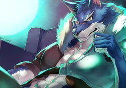  abs armor baro_barows blue_body blue_fur canid canine canis clothed clothing facial_scar fur hair light looking_at_viewer male mammal moonlight open_clothing open_topwear pecs scar sky_gomi solo the_titan&#039;s_bride topwear white_body white_fur wolf 