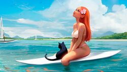  animal beach bikini bird black_cat boat breasts cleavage cloud cloudy_sky commentary earrings english_commentary feline female fish flower from_side green_eyes grin hair_flower hair_ornament jewelry looking_up medium_breasts mountainous_horizon ocean orange_hair original outdoors ross_tran sailboat scenery sitting sky smile surf surfboard swimsuit water watercraft 