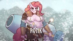  16:9 4_fingers anthro anthrofied armor breasts clothed clothing cocaine_(artist) conditional_dnp crossover cutie_mark earth_pony equid equine european_mythology female fingers friendship_is_magic hair hammer hasbro hi_res horse long_hair looking_at_viewer mammal mountain my_little_pony mythology norse_mythology overweight overweight_anthro overweight_female parody party_cannon pink_body pink_hair pinkie_pie_(mlp) pony scar snow solo standing tools weapon widescreen 