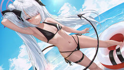  arm_behind_head arm_up armpits bare_arms bare_legs bare_shoulders beach bikini black_bikini blue_archive bow breasts closed_mouth cloud commentary_request day demon_tail dutch_angle eyes_visible_through_hair female h2o_(dfo) hair_over_one_eye hairbow halo halterneck hand_in_own_hair highleg highleg_bikini highres innertube iori_(blue_archive) iori_(swimsuit)_(blue_archive) legs long_hair looking_at_viewer multi-strapped_bikini_bottom navel ocean official_alternate_costume outdoors red_eyes side-tie_bikini_bottom small_breasts solo standing stomach string_bikini swim_ring swimsuit tail thigh_strap thighs twintails very_long_hair white_hair 