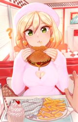  1boy :i ? bag blonde_hair breasts burger cleavage cleavage_cutout clothing_cutout earrings female food food_on_face french_fries green_eyes handbag hat heart_cutout highres indoors jewelry looking_at_viewer merunyaa milkshake original out_of_frame pink_nails pov pov_across_table pov_hands sammy_(bestsammy) short_hair sitting sleeves_past_wrists solo_focus 