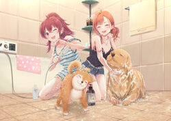  2girls :d ;d ^_^ arigato_(rmskrtkdlqj) arisugawa_natsuha bare_shoulders bath black_shirt blue_shorts blush bottle breasts canine cattleya_(shiny_colors) cleavage closed_eyes commentary_request foam full_body golden_retriever hair_between_eyes hair_ornament hairclip heart heart_print idolmaster idolmaster_shiny_colors indoors jewelry kneeling komiya_kaho long_hair mamemaru_(shiny_colors) medium_breasts multiple_girls necklace off_shoulder one_eye_closed open_mouth paw_print paw_print_pattern ponytail red_eyes red_hair shampoo_bottle shiba_inu shirt shorts shower_head sleeveless smile towel water 