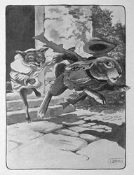  1920 20th_century ancient_art anthro barefoot biped blood bodily_fluids canid canine chasing clothed clothing duo feet fox greyscale hat headgear headwear hi_res joseph_jacinto_mora lagomorph leporid long_ears male mammal monochrome notched_ear outside public_domain rabbit red_fox reynard_the_fox running signature text traditional_media_(artwork) true_fox 