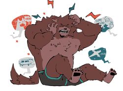  anthro bodily_fluids boxers_(clothing) boxers_only brown_body brown_fur canid canine canis clothed clothing crying fur hi_res male mammal muscular muscular_male mythological_canine mythological_creature mythology pawpads paws red_body red_fur scruffy soildweller solo speech_bubble tears topless underwear underwear_only were werecanid werecanine werewolf wolf 