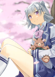  blue_jacket blue_skirt blurry blurry_background blush bow cevio closed_mouth collared_shirt commentary depth_of_field double_bun dress_shirt feet_out_of_frame female grey_hair grey_shirt hair_between_eyes hair_bun highres hugging_object jacket kanzen_bouon kneehighs knees_up koharu_rikka lakiston open_clothes open_jacket pink_bow pleated_skirt purple_eyes shirt sitting skirt smile socks solo stuffed_animal stuffed_toy synthesizer_v teddy_bear tree white_socks 