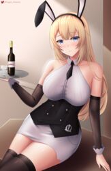  absurdres alcohol arm_warmers astoria_(azur_lane) astoria_(black_bunny_carnival)_(azur_lane) azur_lane bare_shoulders black_corset black_neckwear black_thighhighs blonde_hair blue_eyes bottle breasts buttons corset double-breasted eagle_union_(emblem) female hair_between_eyes highres holding holding_tray indoors large_breasts light_particles lips looking_at_viewer official_alternate_costume skirt smile solo thighhighs togare tray twitter_username waitress white_skirt wine_bottle 