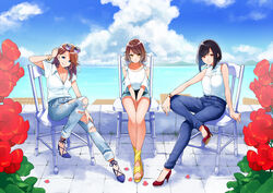  black_hair blue_eyes brown_hair clouds flowers long_hair original petals red_eyes retsuna short_hair shorts sunglasses torn_clothes water wristwear yellow_eyes 