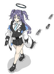  black_footwear black_gloves black_jacket black_skirt blazer blue_archive blue_necktie collared_shirt crack cracked_floor fat_joke female footprints from_above gloves halo jacket jacket_partially_removed long_hair mechanical_halo miniskirt necktie parabi purple_eyes purple_hair shirt simple_background skirt smile solo triangle_hair_ornament two_side_up walking white_background white_jacket yuuka_(blue_archive) 