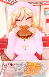  ^_^ bag blonde_hair breasts burger cleavage cleavage_cutout closed_eyes clothing_cutout earrings eating female food french_fries handbag hat heart_cutout highres indoors jewelry merunyaa milkshake original pink_nails pov_across_table sammy_(bestsammy) short_hair sitting sleeves_past_wrists solo 